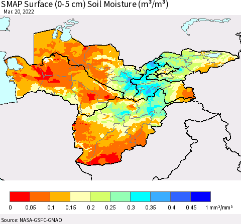 Central Asia SMAP Surface (0-5 cm) Soil Moisture (m³/m³) Thematic Map For 3/16/2022 - 3/20/2022