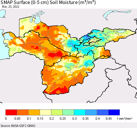 Central Asia SMAP Surface (0-5 cm) Soil Moisture (m³/m³) Thematic Map For 3/21/2022 - 3/25/2022