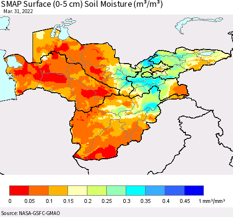 Central Asia SMAP Surface (0-5 cm) Soil Moisture (m³/m³) Thematic Map For 3/26/2022 - 3/31/2022