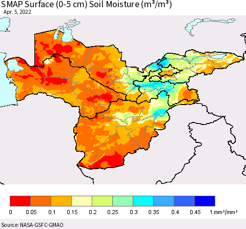 Central Asia SMAP Surface (0-5 cm) Soil Moisture (m³/m³) Thematic Map For 4/1/2022 - 4/5/2022