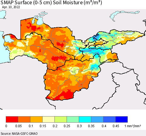 Central Asia SMAP Surface (0-5 cm) Soil Moisture (m³/m³) Thematic Map For 4/6/2022 - 4/10/2022