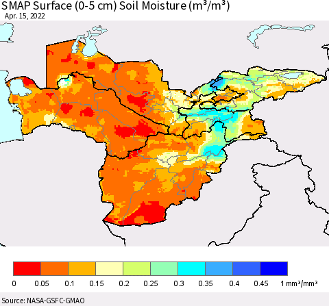 Central Asia SMAP Surface (0-5 cm) Soil Moisture (m³/m³) Thematic Map For 4/11/2022 - 4/15/2022