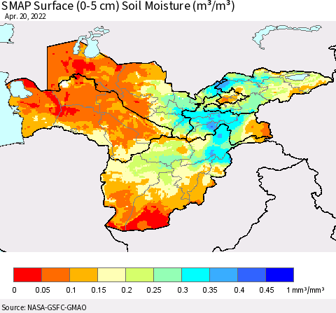 Central Asia SMAP Surface (0-5 cm) Soil Moisture (m³/m³) Thematic Map For 4/16/2022 - 4/20/2022