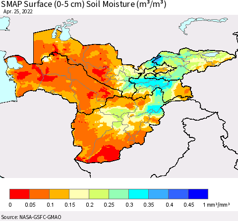 Central Asia SMAP Surface (0-5 cm) Soil Moisture (m³/m³) Thematic Map For 4/21/2022 - 4/25/2022