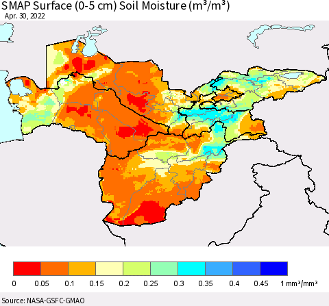 Central Asia SMAP Surface (0-5 cm) Soil Moisture (m³/m³) Thematic Map For 4/26/2022 - 4/30/2022