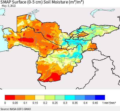 Central Asia SMAP Surface (0-5 cm) Soil Moisture (m³/m³) Thematic Map For 5/1/2022 - 5/5/2022