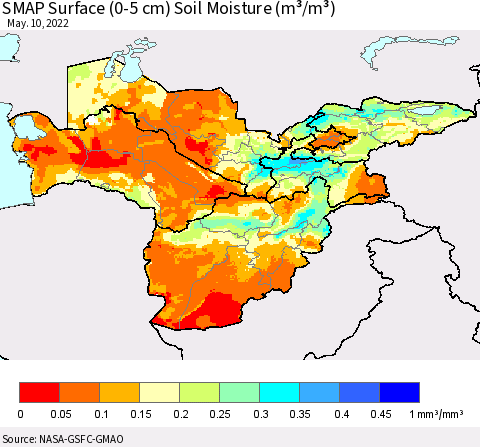 Central Asia SMAP Surface (0-5 cm) Soil Moisture (m³/m³) Thematic Map For 5/6/2022 - 5/10/2022