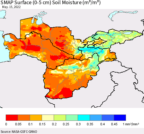 Central Asia SMAP Surface (0-5 cm) Soil Moisture (m³/m³) Thematic Map For 5/11/2022 - 5/15/2022