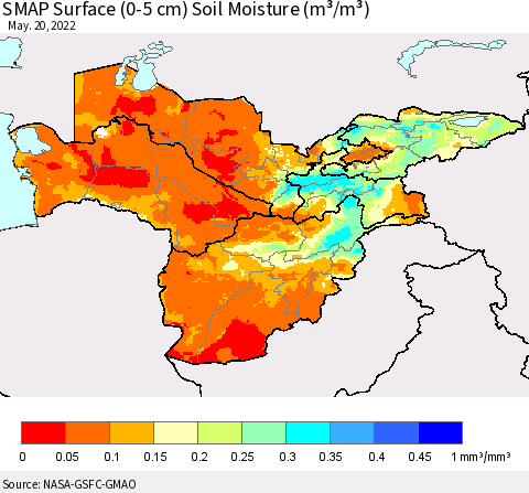 Central Asia SMAP Surface (0-5 cm) Soil Moisture (m³/m³) Thematic Map For 5/16/2022 - 5/20/2022