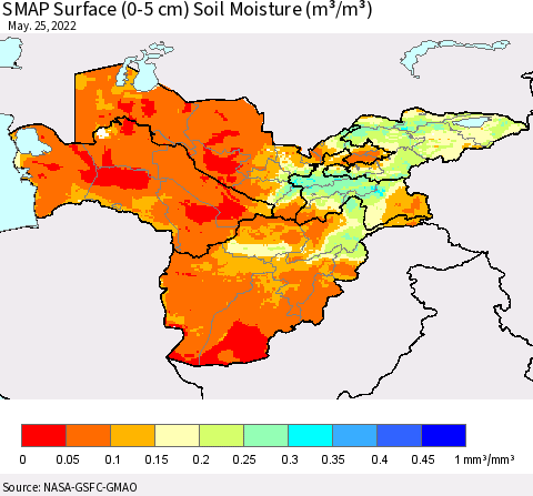 Central Asia SMAP Surface (0-5 cm) Soil Moisture (m³/m³) Thematic Map For 5/21/2022 - 5/25/2022