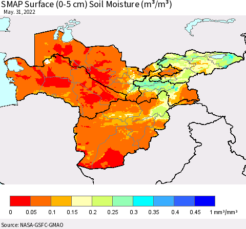 Central Asia SMAP Surface (0-5 cm) Soil Moisture (m³/m³) Thematic Map For 5/26/2022 - 5/31/2022