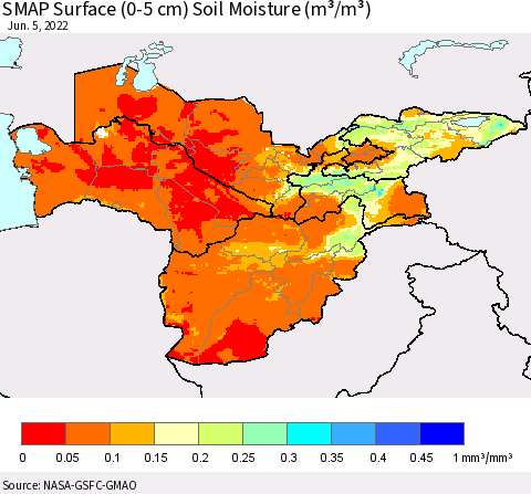 Central Asia SMAP Surface (0-5 cm) Soil Moisture (m³/m³) Thematic Map For 6/1/2022 - 6/5/2022