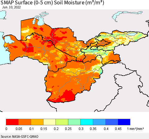 Central Asia SMAP Surface (0-5 cm) Soil Moisture (m³/m³) Thematic Map For 6/6/2022 - 6/10/2022