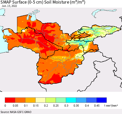 Central Asia SMAP Surface (0-5 cm) Soil Moisture (m³/m³) Thematic Map For 6/11/2022 - 6/15/2022