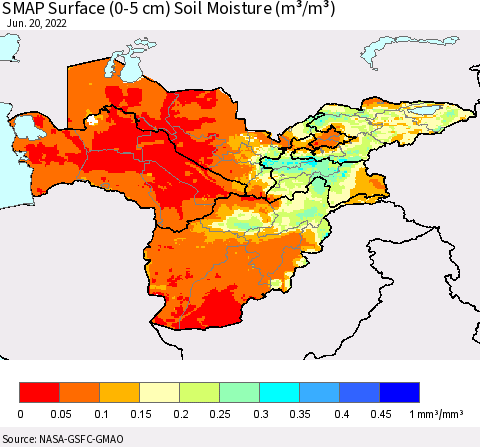 Central Asia SMAP Surface (0-5 cm) Soil Moisture (m³/m³) Thematic Map For 6/16/2022 - 6/20/2022