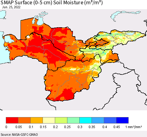 Central Asia SMAP Surface (0-5 cm) Soil Moisture (m³/m³) Thematic Map For 6/21/2022 - 6/25/2022