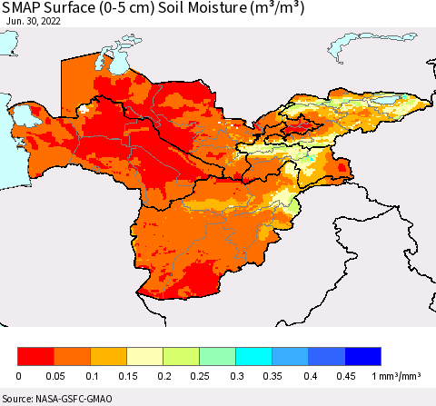 Central Asia SMAP Surface (0-5 cm) Soil Moisture (m³/m³) Thematic Map For 6/26/2022 - 6/30/2022