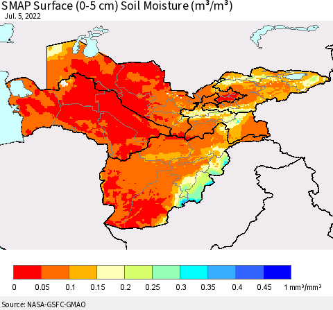 Central Asia SMAP Surface (0-5 cm) Soil Moisture (m³/m³) Thematic Map For 7/1/2022 - 7/5/2022