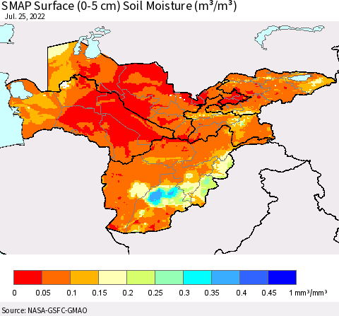 Central Asia SMAP Surface (0-5 cm) Soil Moisture (m³/m³) Thematic Map For 7/21/2022 - 7/25/2022