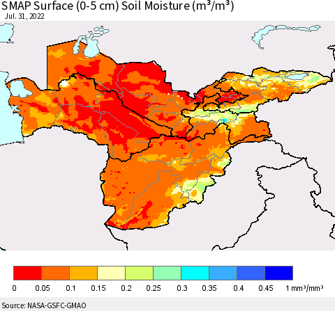 Central Asia SMAP Surface (0-5 cm) Soil Moisture (m³/m³) Thematic Map For 7/26/2022 - 7/31/2022