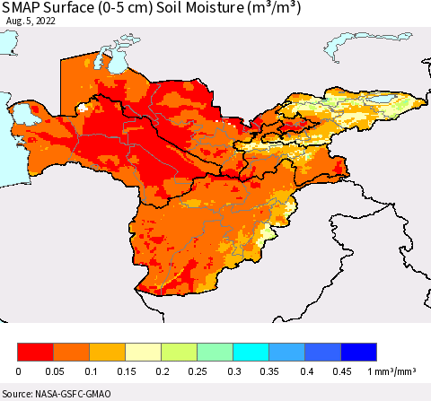 Central Asia SMAP Surface (0-5 cm) Soil Moisture (m³/m³) Thematic Map For 8/1/2022 - 8/5/2022