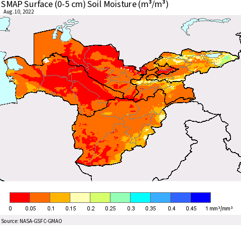 Central Asia SMAP Surface (0-5 cm) Soil Moisture (m³/m³) Thematic Map For 8/6/2022 - 8/10/2022