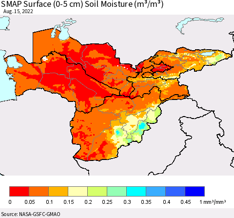Central Asia SMAP Surface (0-5 cm) Soil Moisture (m³/m³) Thematic Map For 8/11/2022 - 8/15/2022