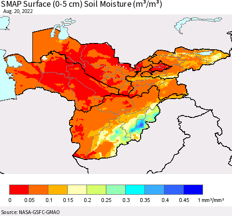 Central Asia SMAP Surface (0-5 cm) Soil Moisture (m³/m³) Thematic Map For 8/16/2022 - 8/20/2022