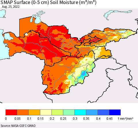 Central Asia SMAP Surface (0-5 cm) Soil Moisture (m³/m³) Thematic Map For 8/21/2022 - 8/25/2022