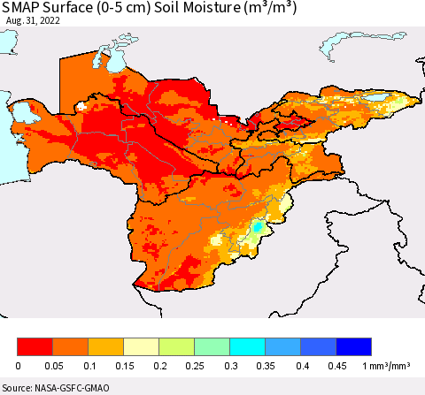 Central Asia SMAP Surface (0-5 cm) Soil Moisture (m³/m³) Thematic Map For 8/26/2022 - 8/31/2022