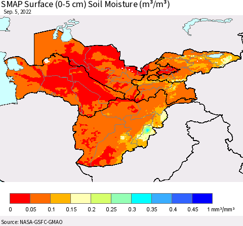 Central Asia SMAP Surface (0-5 cm) Soil Moisture (m³/m³) Thematic Map For 9/1/2022 - 9/5/2022