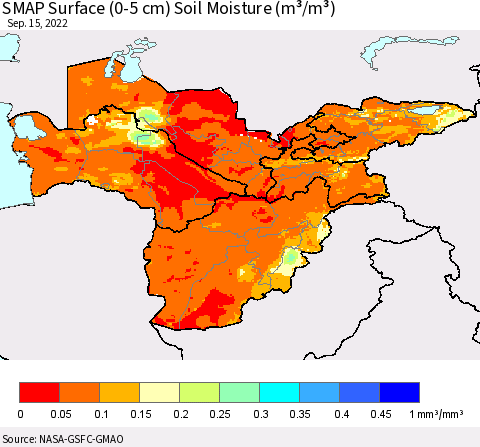 Central Asia SMAP Surface (0-5 cm) Soil Moisture (m³/m³) Thematic Map For 9/11/2022 - 9/15/2022