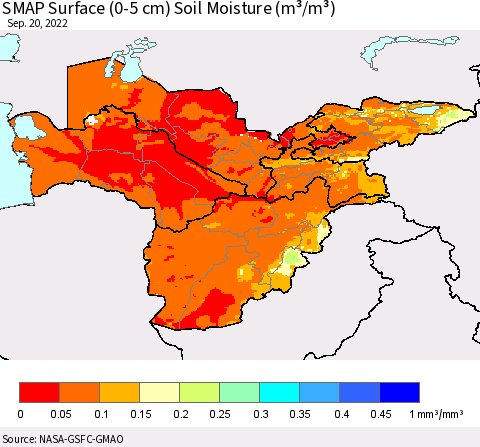 Central Asia SMAP Surface (0-5 cm) Soil Moisture (m³/m³) Thematic Map For 9/16/2022 - 9/20/2022