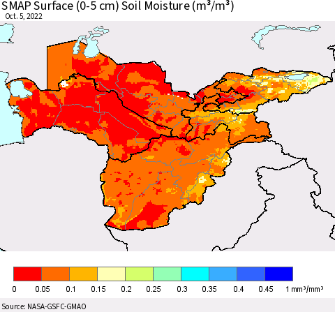 Central Asia SMAP Surface (0-5 cm) Soil Moisture (m³/m³) Thematic Map For 10/1/2022 - 10/5/2022