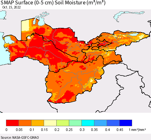 Central Asia SMAP Surface (0-5 cm) Soil Moisture (m³/m³) Thematic Map For 10/11/2022 - 10/15/2022