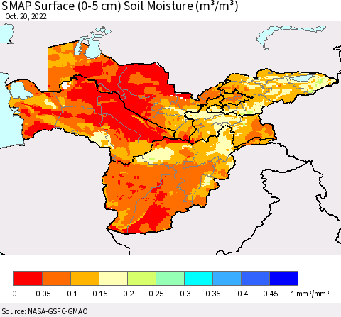 Central Asia SMAP Surface (0-5 cm) Soil Moisture (m³/m³) Thematic Map For 10/16/2022 - 10/20/2022