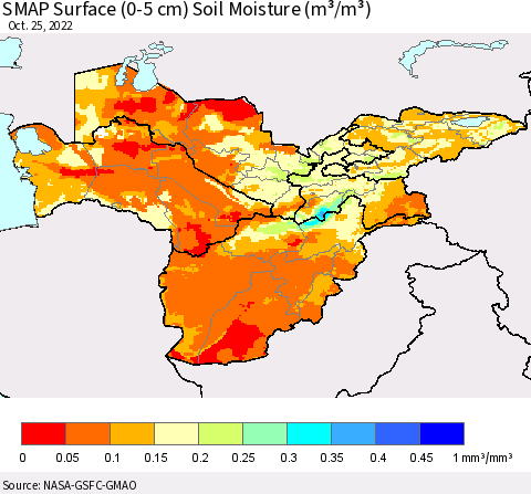 Central Asia SMAP Surface (0-5 cm) Soil Moisture (m³/m³) Thematic Map For 10/21/2022 - 10/25/2022