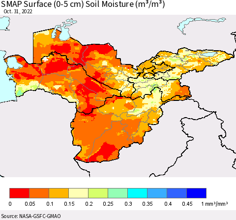 Central Asia SMAP Surface (0-5 cm) Soil Moisture (m³/m³) Thematic Map For 10/26/2022 - 10/31/2022