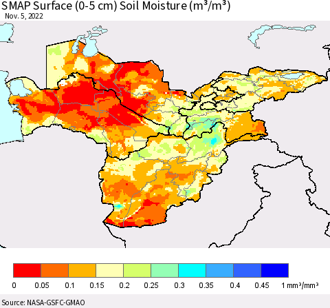 Central Asia SMAP Surface (0-5 cm) Soil Moisture (m³/m³) Thematic Map For 11/1/2022 - 11/5/2022