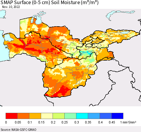 Central Asia SMAP Surface (0-5 cm) Soil Moisture (m³/m³) Thematic Map For 11/6/2022 - 11/10/2022