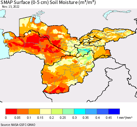 Central Asia SMAP Surface (0-5 cm) Soil Moisture (m³/m³) Thematic Map For 11/11/2022 - 11/15/2022