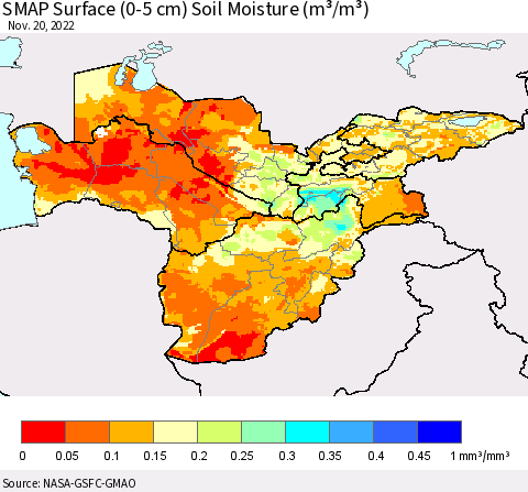 Central Asia SMAP Surface (0-5 cm) Soil Moisture (m³/m³) Thematic Map For 11/16/2022 - 11/20/2022