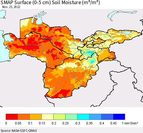 Central Asia SMAP Surface (0-5 cm) Soil Moisture (m³/m³) Thematic Map For 11/21/2022 - 11/25/2022