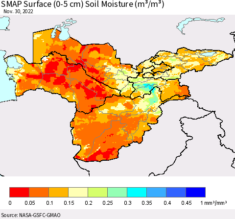 Central Asia SMAP Surface (0-5 cm) Soil Moisture (m³/m³) Thematic Map For 11/26/2022 - 11/30/2022