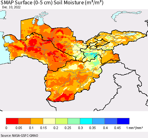 Central Asia SMAP Surface (0-5 cm) Soil Moisture (m³/m³) Thematic Map For 12/6/2022 - 12/10/2022