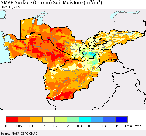 Central Asia SMAP Surface (0-5 cm) Soil Moisture (m³/m³) Thematic Map For 12/11/2022 - 12/15/2022