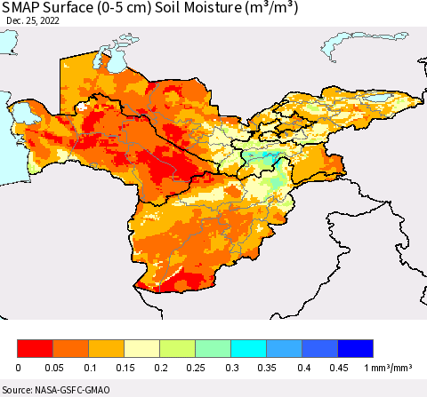 Central Asia SMAP Surface (0-5 cm) Soil Moisture (m³/m³) Thematic Map For 12/21/2022 - 12/25/2022