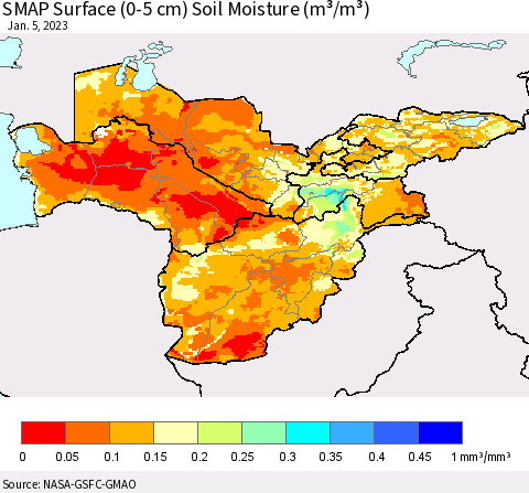Central Asia SMAP Surface (0-5 cm) Soil Moisture (m³/m³) Thematic Map For 1/1/2023 - 1/5/2023