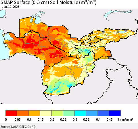 Central Asia SMAP Surface (0-5 cm) Soil Moisture (m³/m³) Thematic Map For 1/6/2023 - 1/10/2023
