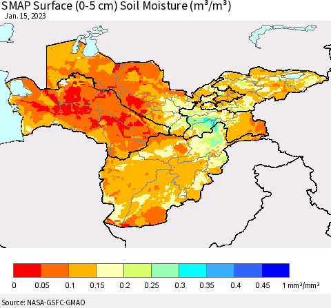 Central Asia SMAP Surface (0-5 cm) Soil Moisture (m³/m³) Thematic Map For 1/11/2023 - 1/15/2023